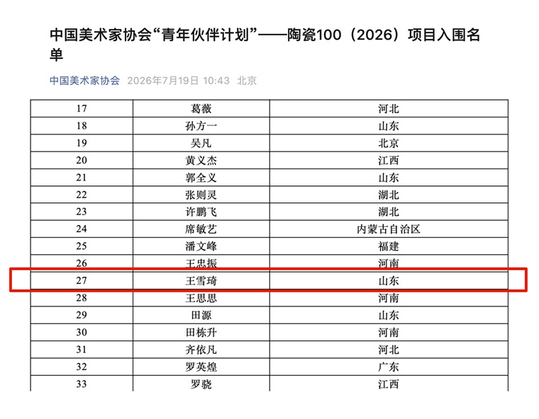 开元官网教师入选中国美术家协会“青年伙伴计划”——陶瓷100（2026）项目